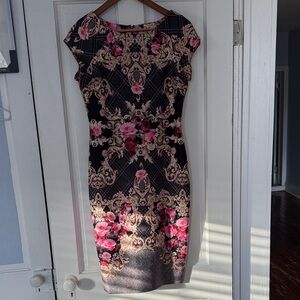 ECI Elegant Black and Pink Floral Midi Dress